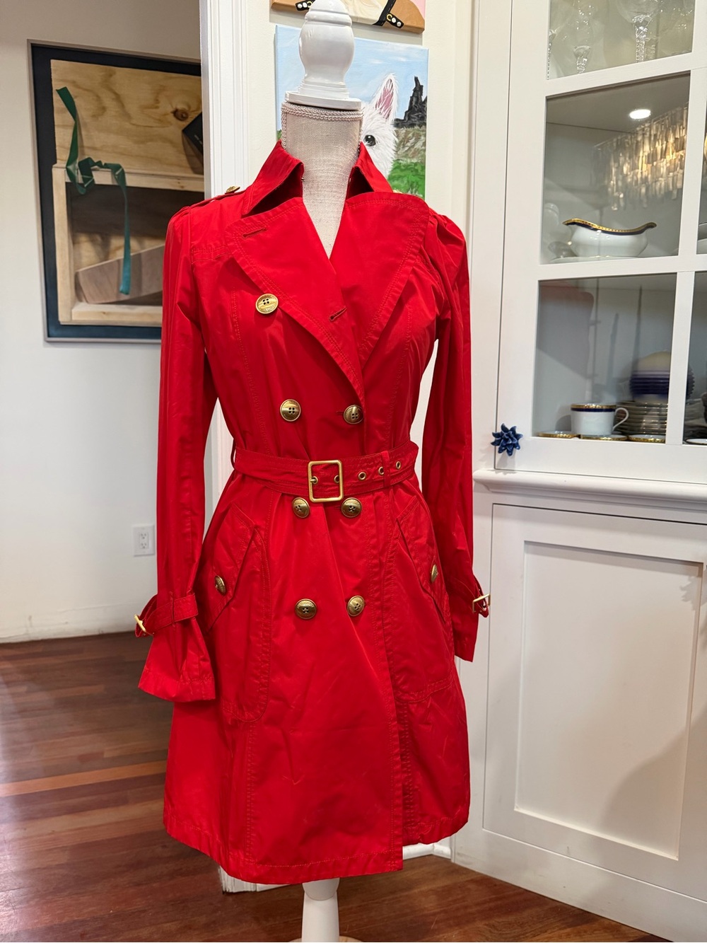 Burberry Red Double-Breasted Trench Coat with Gold Buttons - Picture 5 of 10